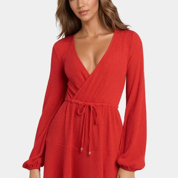 Bebe Surplice Neck Flare Knit Dress Red Medium NWT